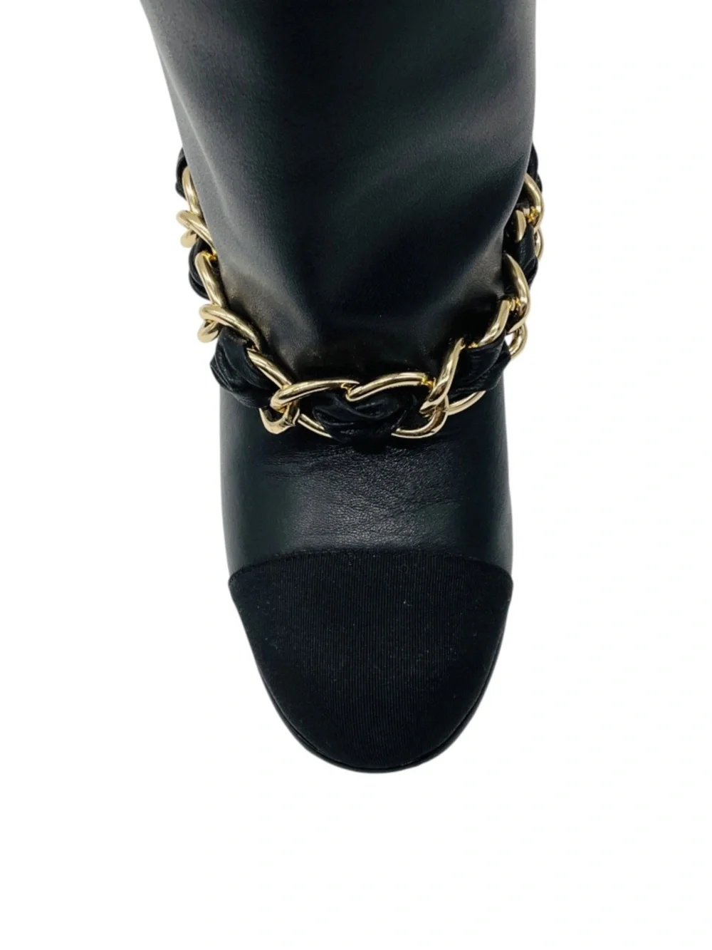 CHANEL BLACK CC LOGO EMBROIDERED TALL LEATHER BOOTS WITH GROSGRAIN CAP TOE AND G